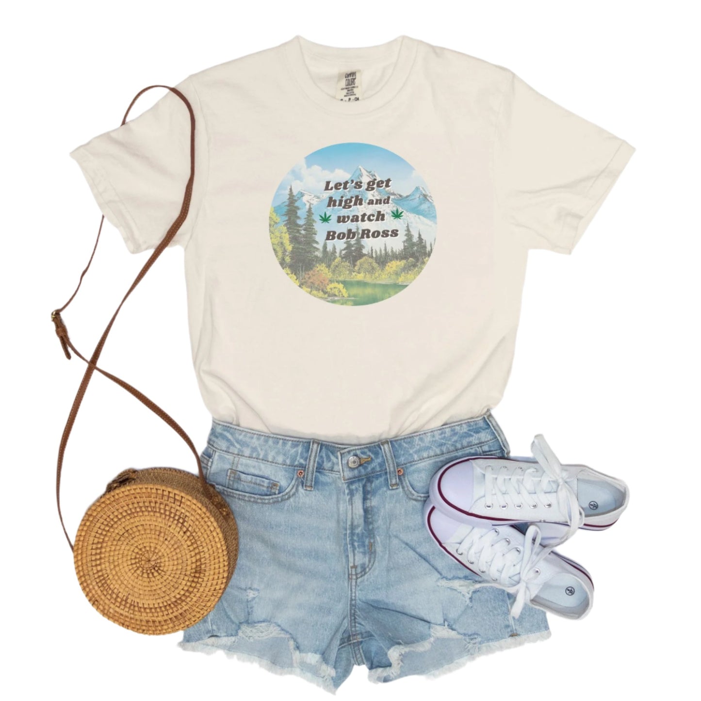 Let's Get High and Watch Bob Ross - vintage style tee