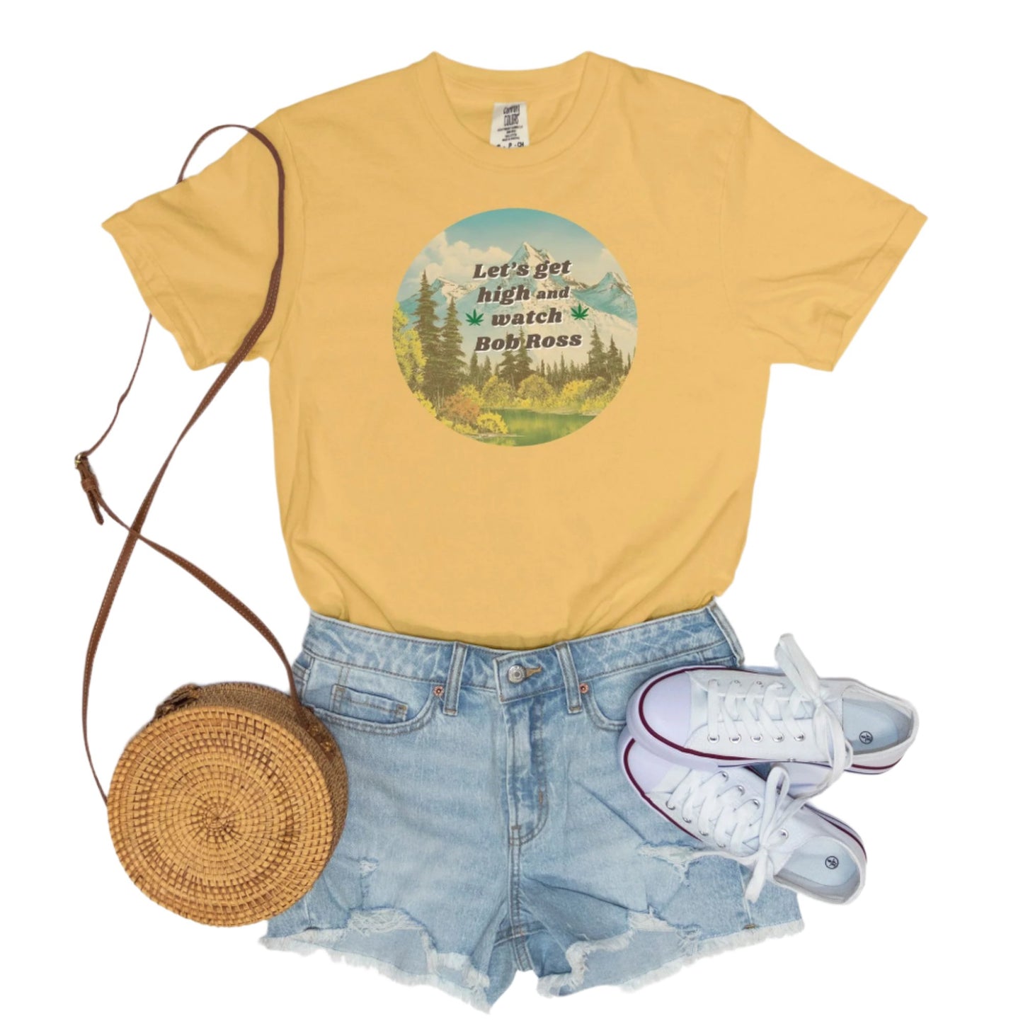 Let's Get High and Watch Bob Ross - vintage style tee