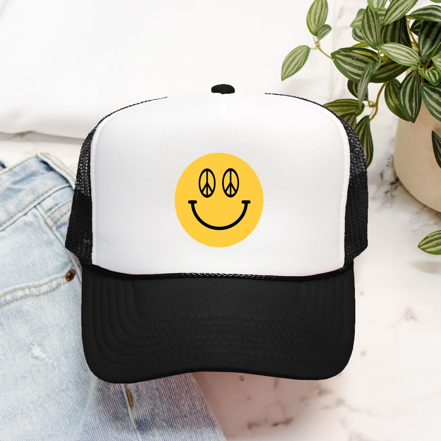 Peace Sign Smiley Face - retro trucker hat