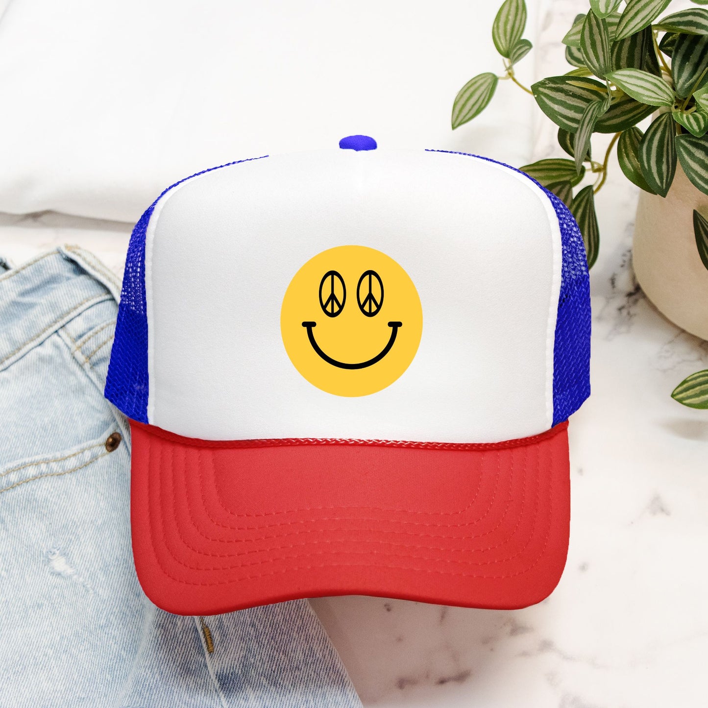 Peace Sign Smiley Face - retro trucker hat